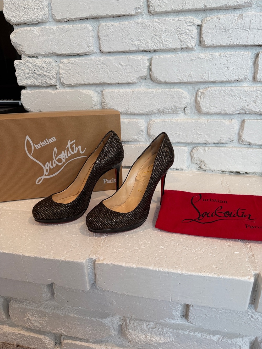 Christian Louboutin Black Filo 120 Lady Glitter Pumps with Red Soles in size 36